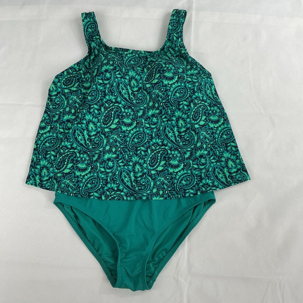 Lands End One Piece Swimsuit 10DD Navy Green Paisley Flutter Top Adj Straps